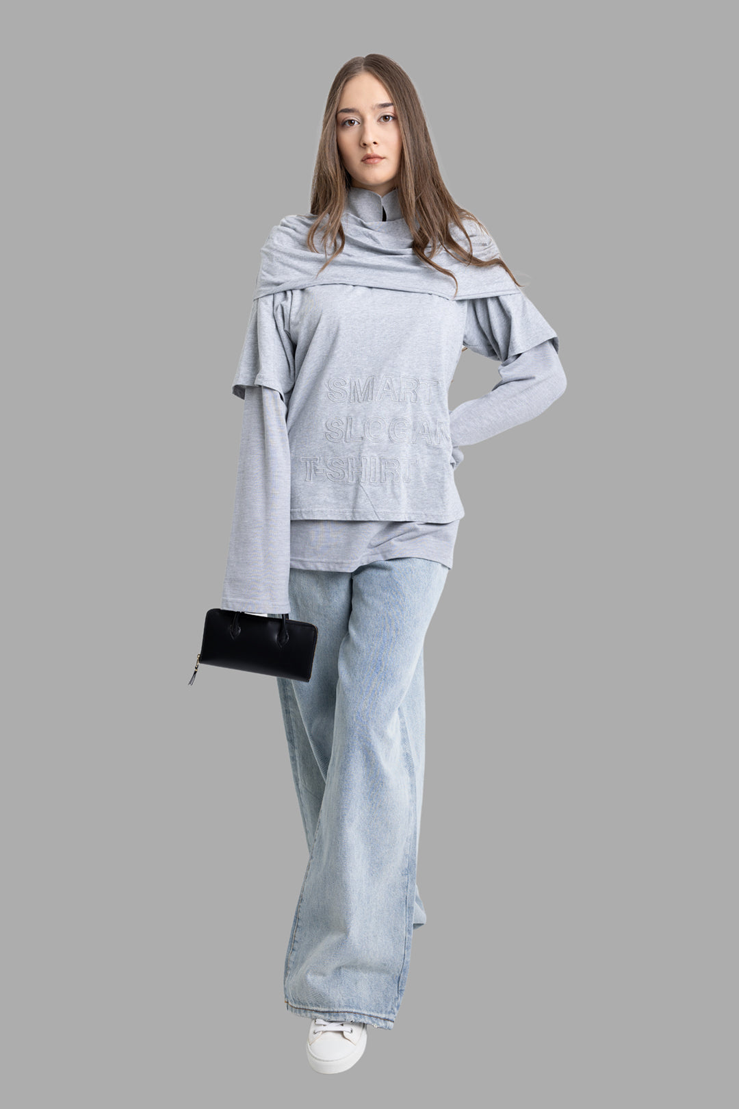 Natasha Zinko women's grey multi layer long sleeve T-shirt, on-model full length, draped shoulder layer and slogan front