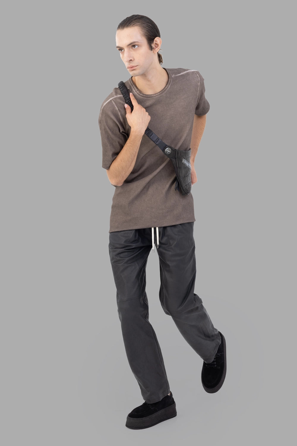 69 by Isaac Sellam T-shirt in taupe, on-model full length, relaxed elongated fit