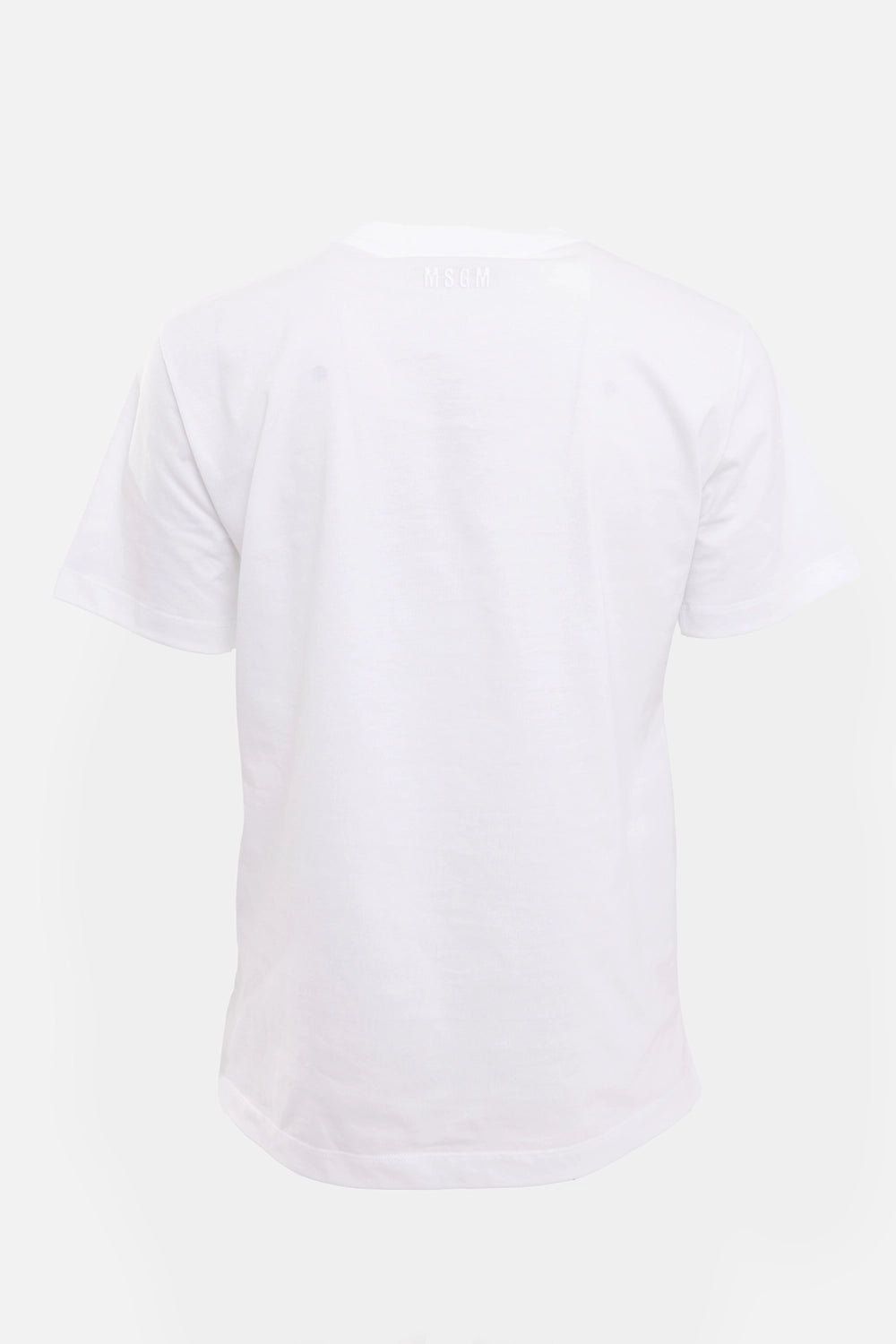 MSGM women's T-shirt in white, back view, tonal MSGM logo below collar and straight hem