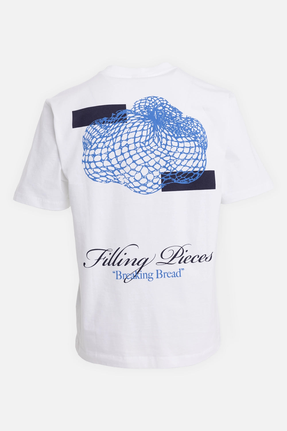 Filling Pieces unisex T-shirt in white, back view, oversized blue citrus net graphic and Breaking Bread print