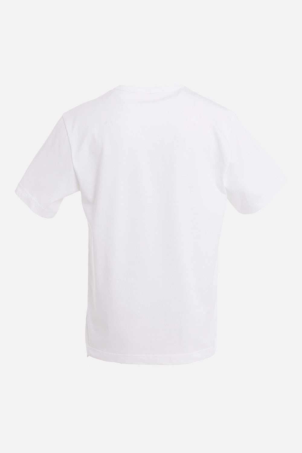Helmut Lang men's white T-shirt, back view, plain rear panel and straight hem