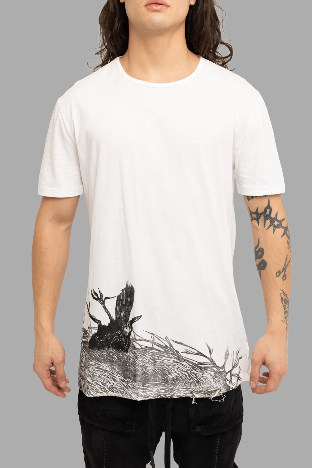 MD75 men’s t-shirt in white, front view, clean crewneck and black landscape print at hem