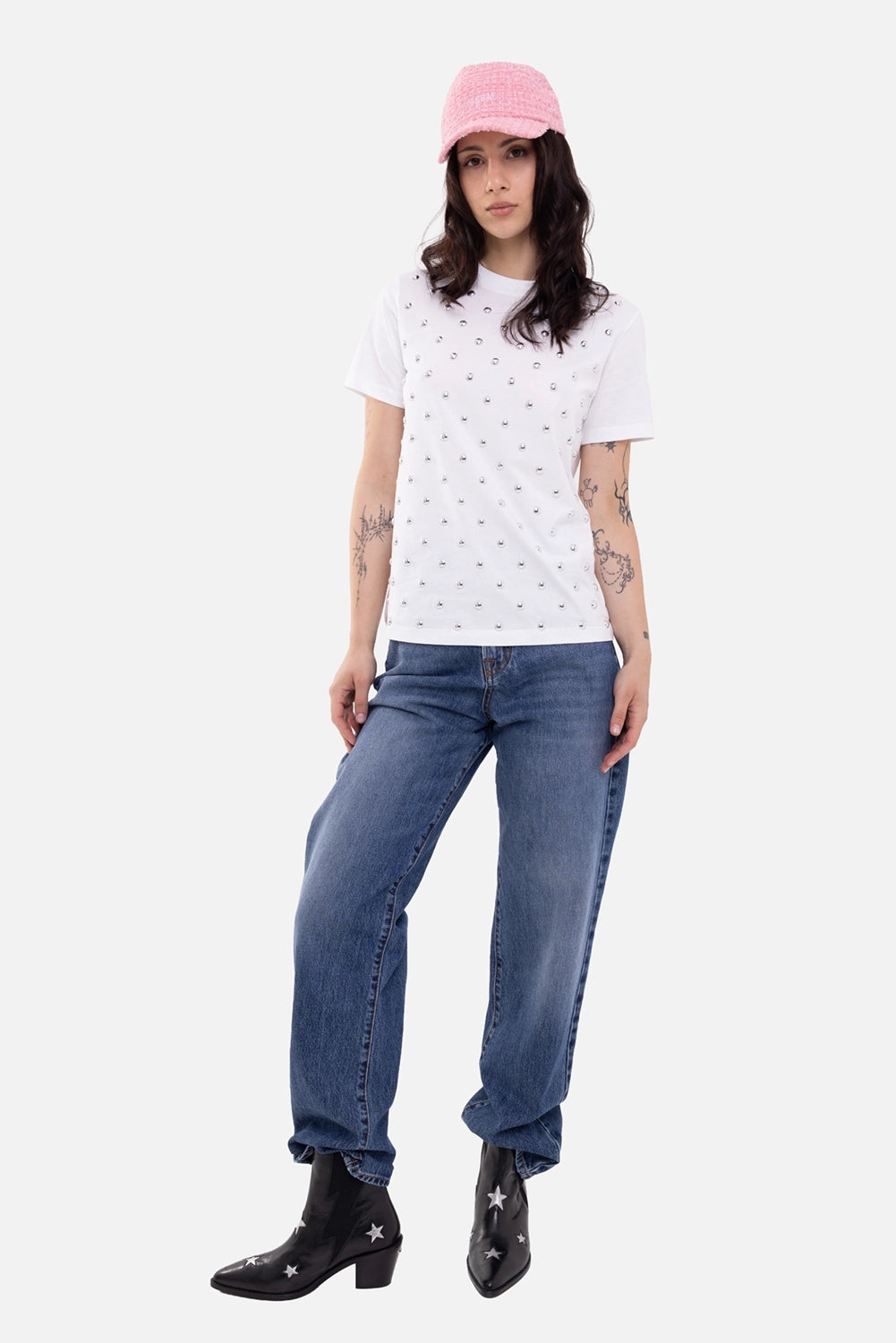 MSGM women's T-shirt in white, on-model full length, silver front studs with crew neck