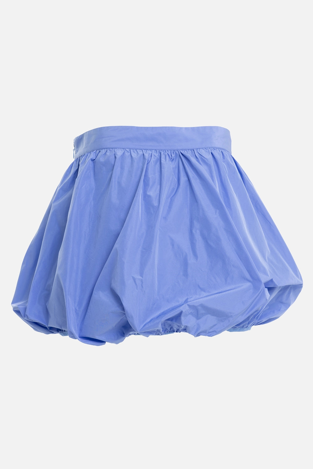 MSGM women's taffeta balloon miniskirt in light blue, back view with gathered bubble hem