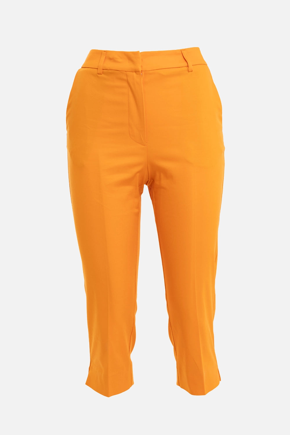 Des Phemmes women's capri pants in tangerine, front view, belt loops and pressed front seams