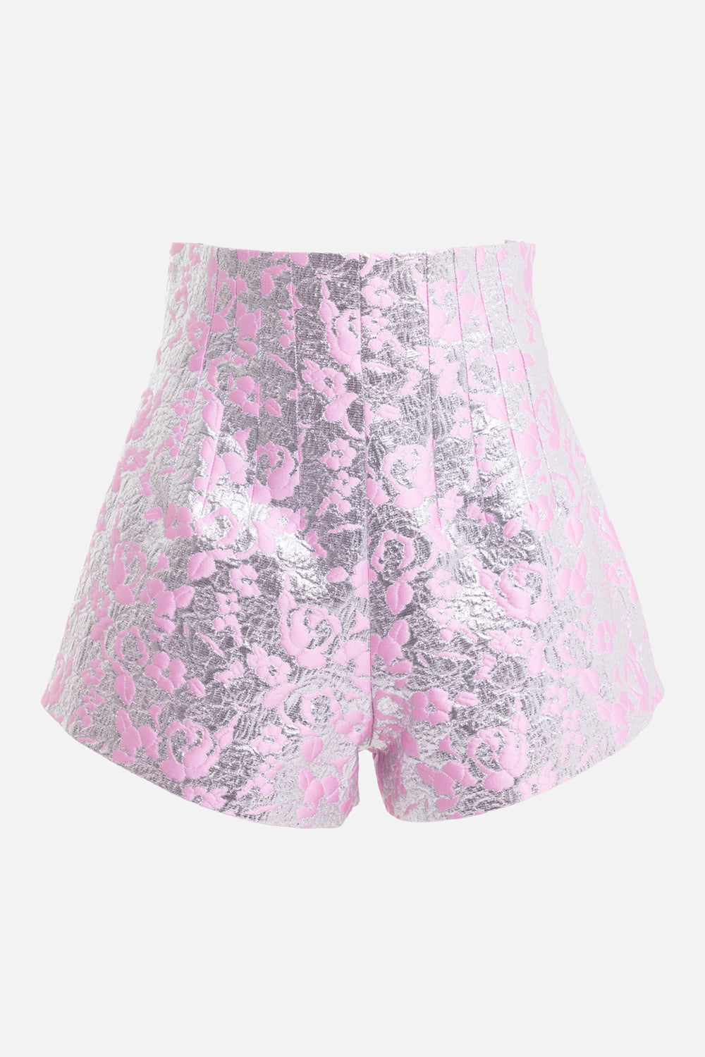 Des Phemmes women's tailored culottes in silver/candy pink, front view, metallic floral jacquard and high waist