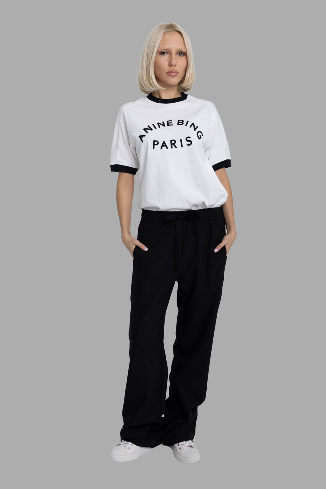 Zadig & Voltaire women's tailored drawstring trousers in black, on-model full length, straight leg with relaxed drape.