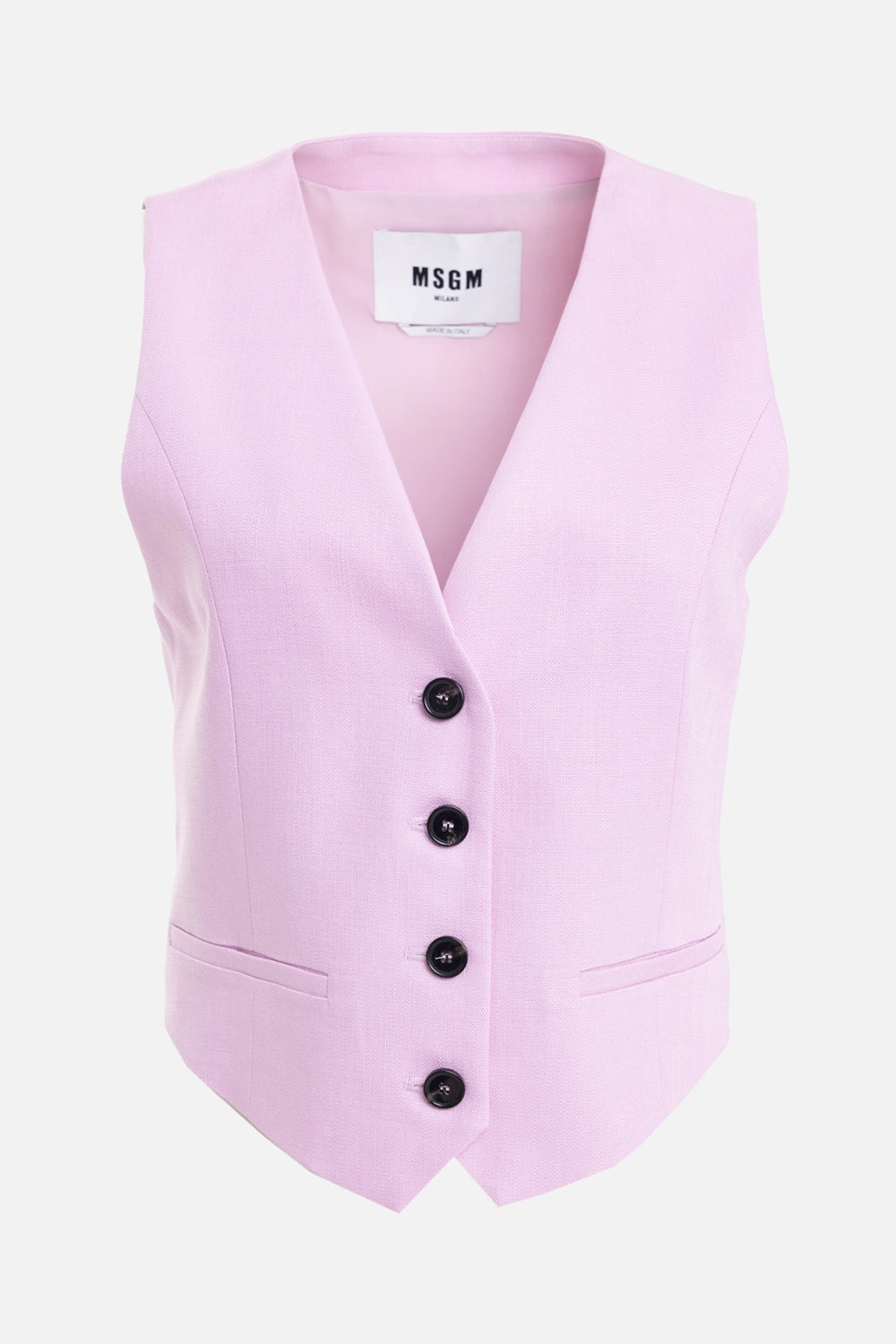 MSGM women's tailored vest in Pink, front view, V-neckline with black buttons and welt pockets