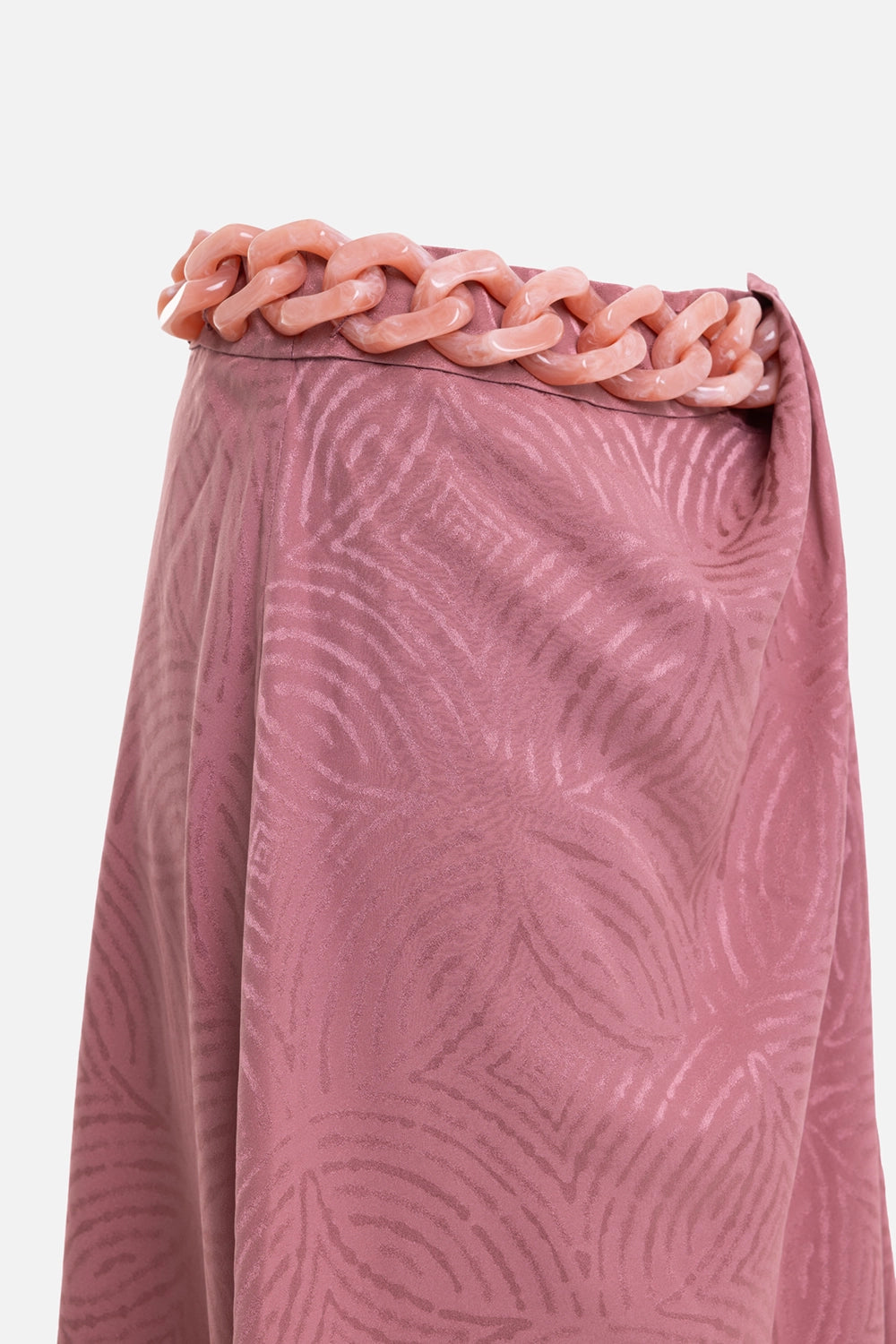 JOSEPH women's Tanger skirt in Musk, hardware close-up, pink resin chain and silk jacquard texture