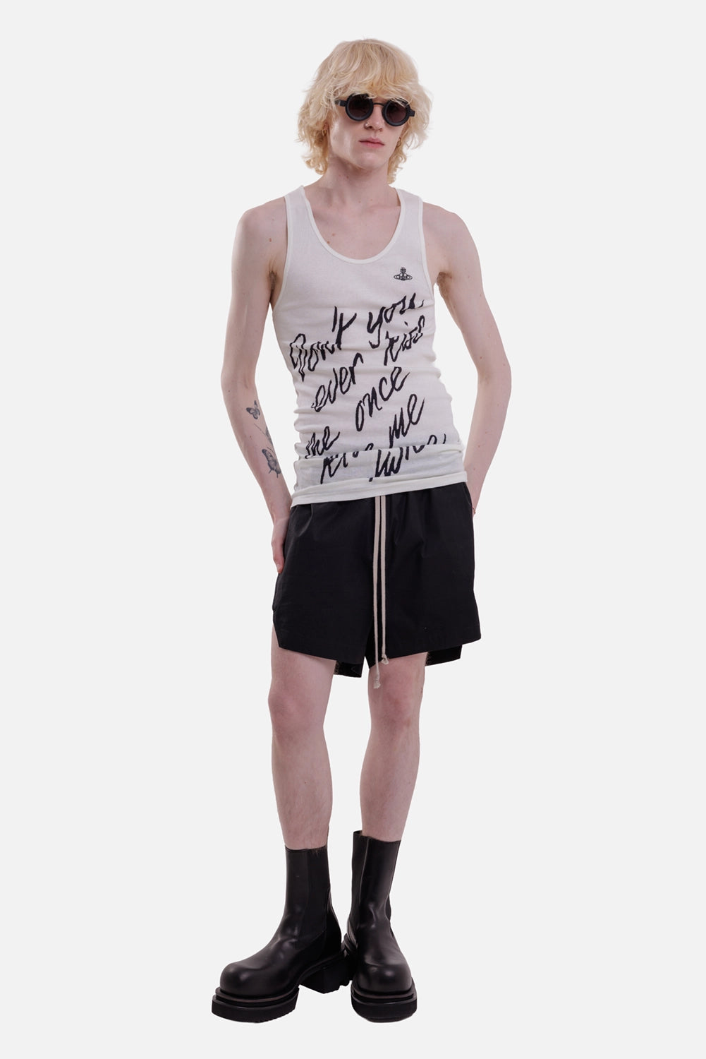 Vivienne Westwood men's tank top in off white, on-model full view with script print and Orb embroidery