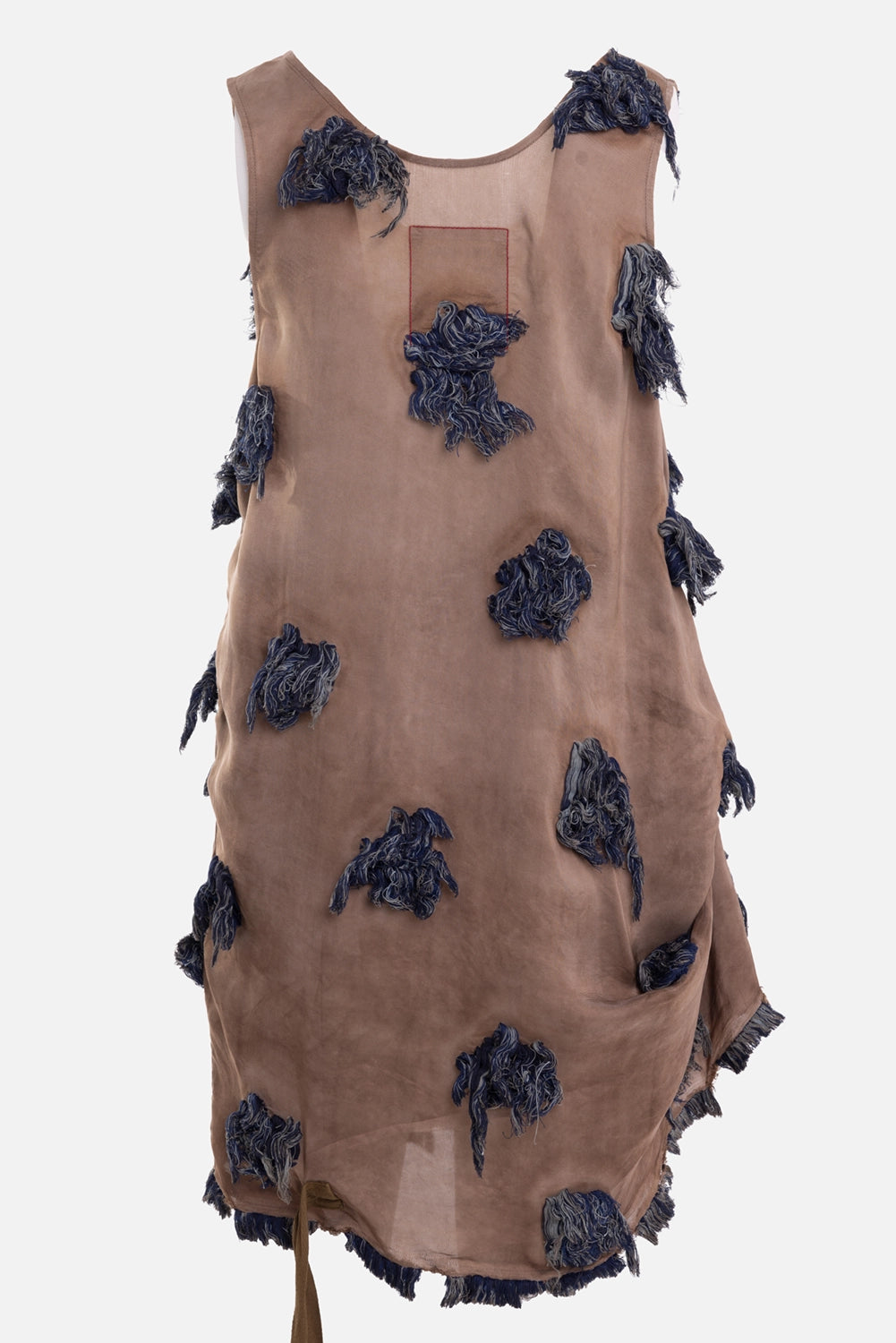 Uma Wang women's Tara top in rose blue, back view, sheer panel and red stitched rectangle