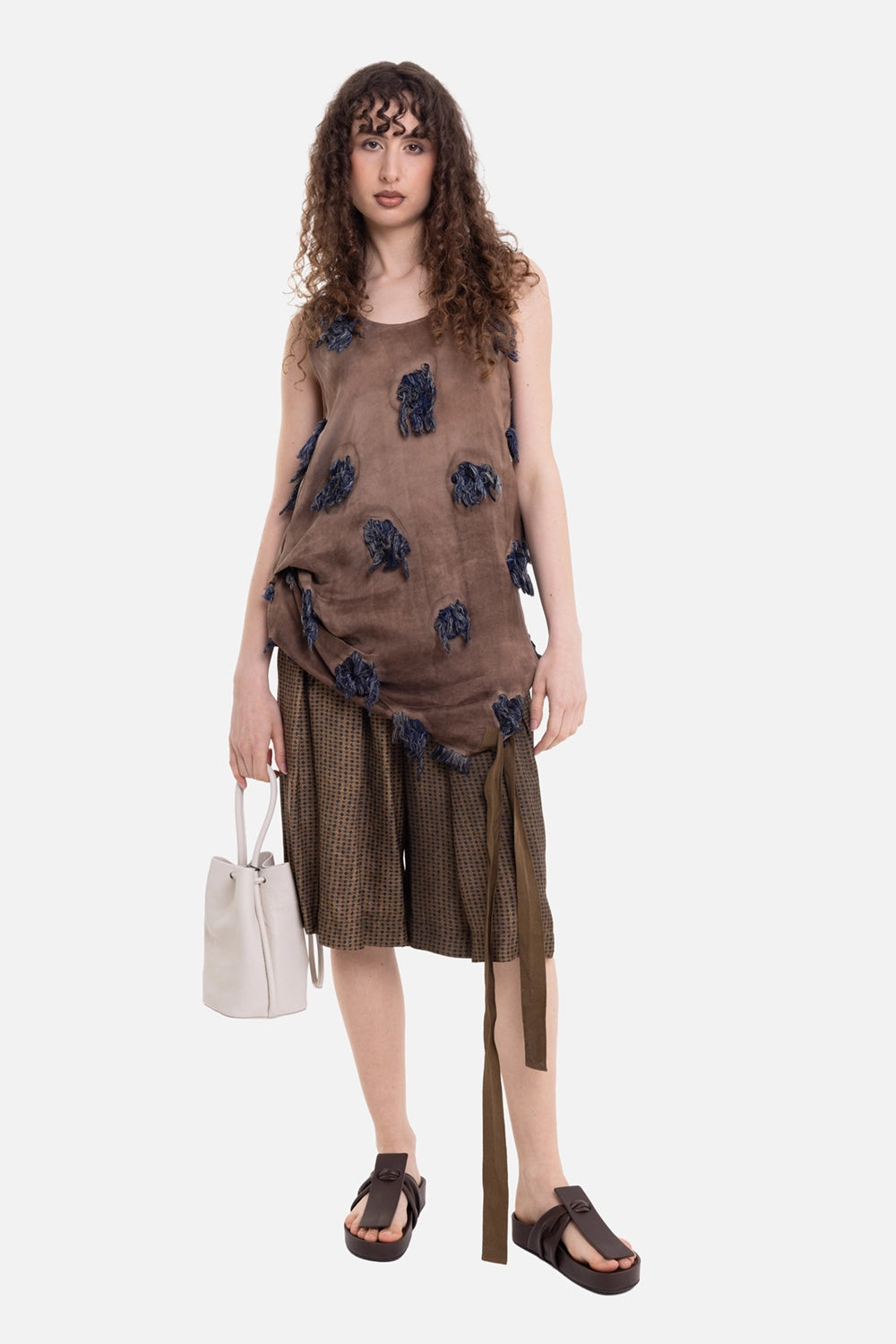 Uma Wang women's Tara top in rose blue, on-model full-length view, fringed patches and side tie