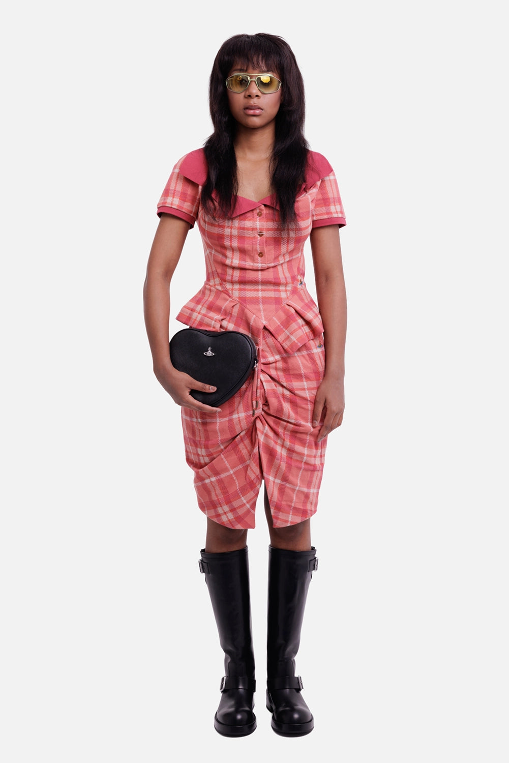 Vivienne Westwood women's blossom tartan polo top, model view with wide collar, buttons and peplum waist