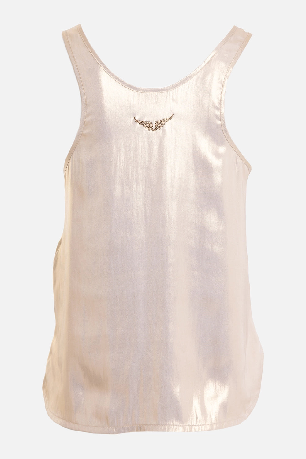 Zadig&Voltaire women's satin tank top in gold, back view with beaded wing embroidery and rounded hem