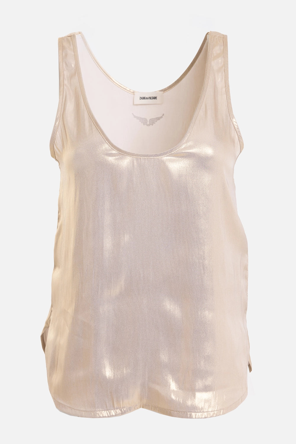 Zadig&Voltaire women's satin tank top in gold, front view with glossy satin finish and scoop neckline