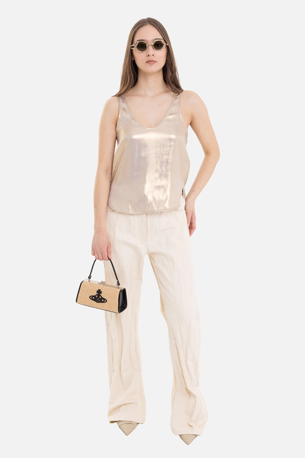 Zadig&Voltaire women's satin tank top in gold, on-model full length with U-neck and wide straps