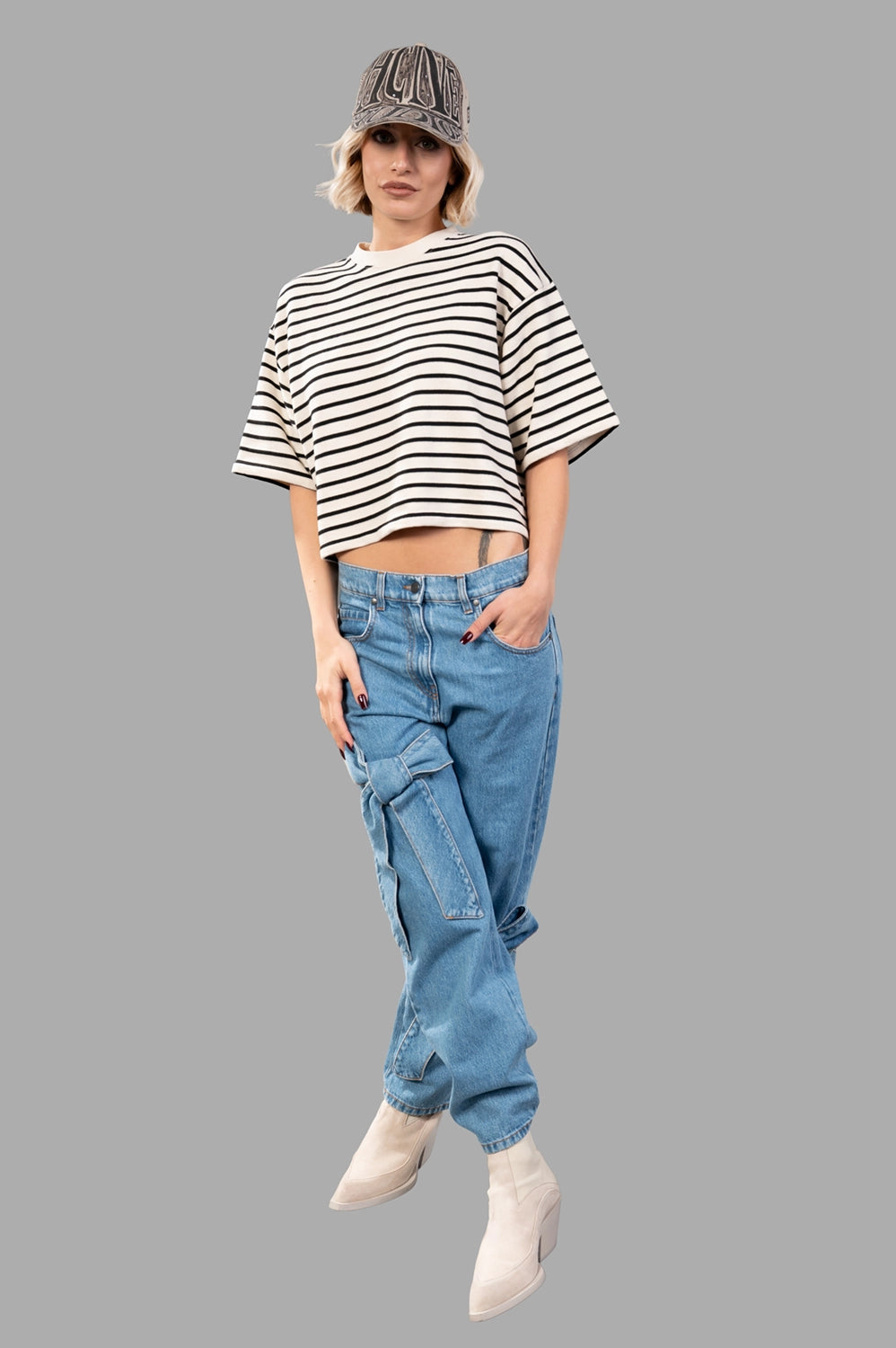 Cropped striped tee on model, front view, relaxed fit with Breton stripes and embroidered monogram