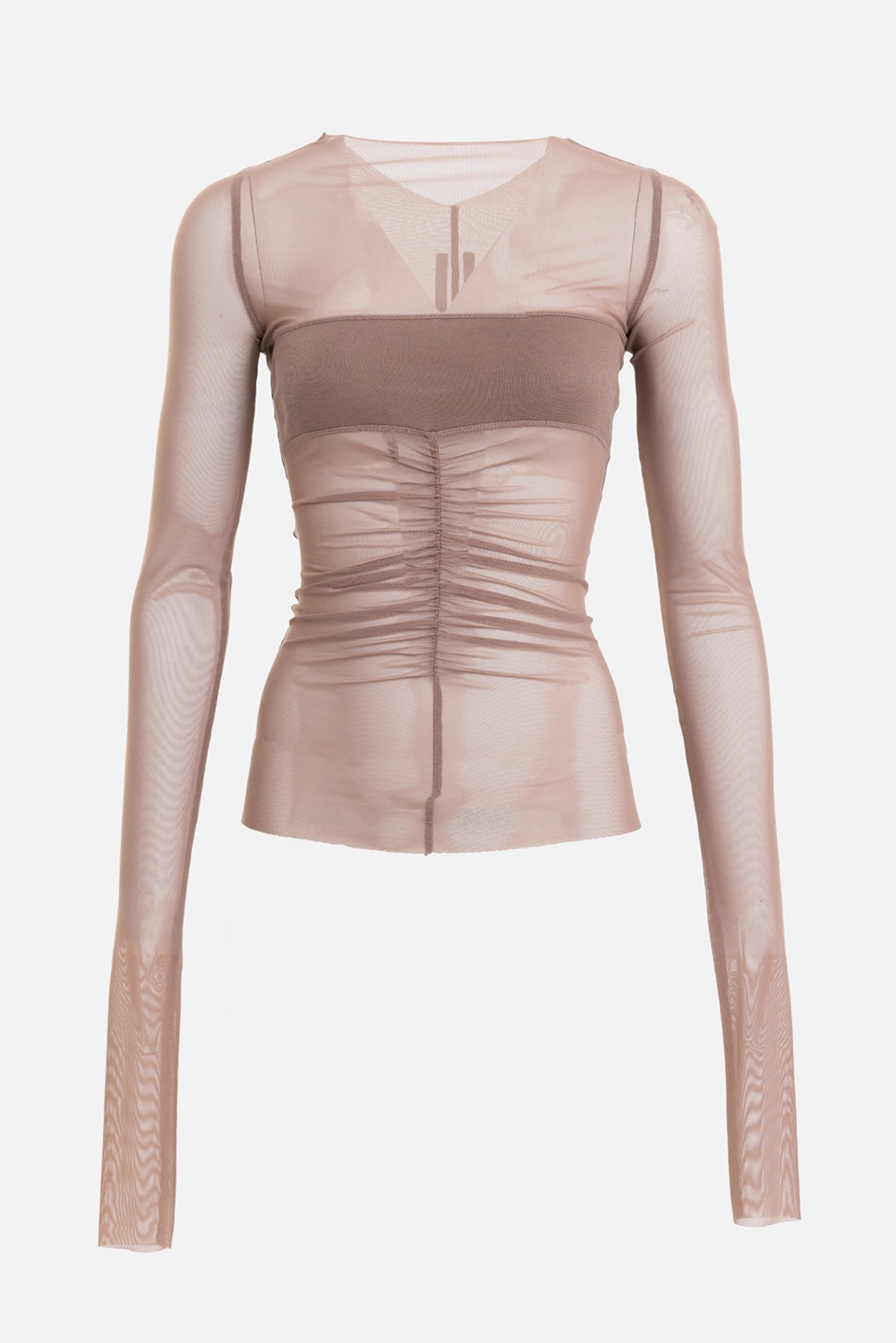 Rick Owens women's Temple Bandeau Top in DNA taupe, front view with ribbed bandeau panel and center ruching