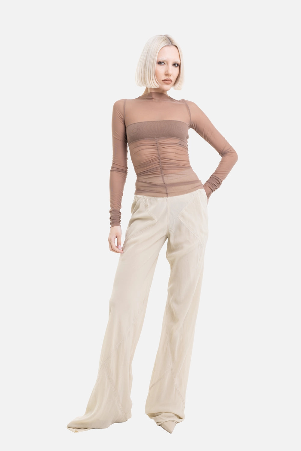 Rick Owens women's Temple Bandeau Top in DNA taupe, on-model full-length with sheer yoke and ruched front