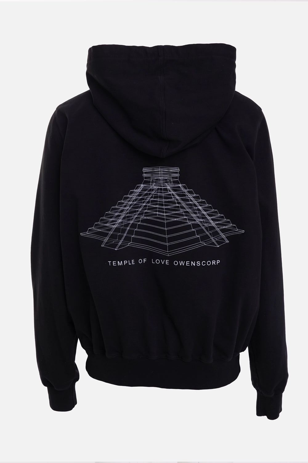 Rick Owens men's Temple of Love Hoodie in Black/Milk, back view with temple print and hood seam