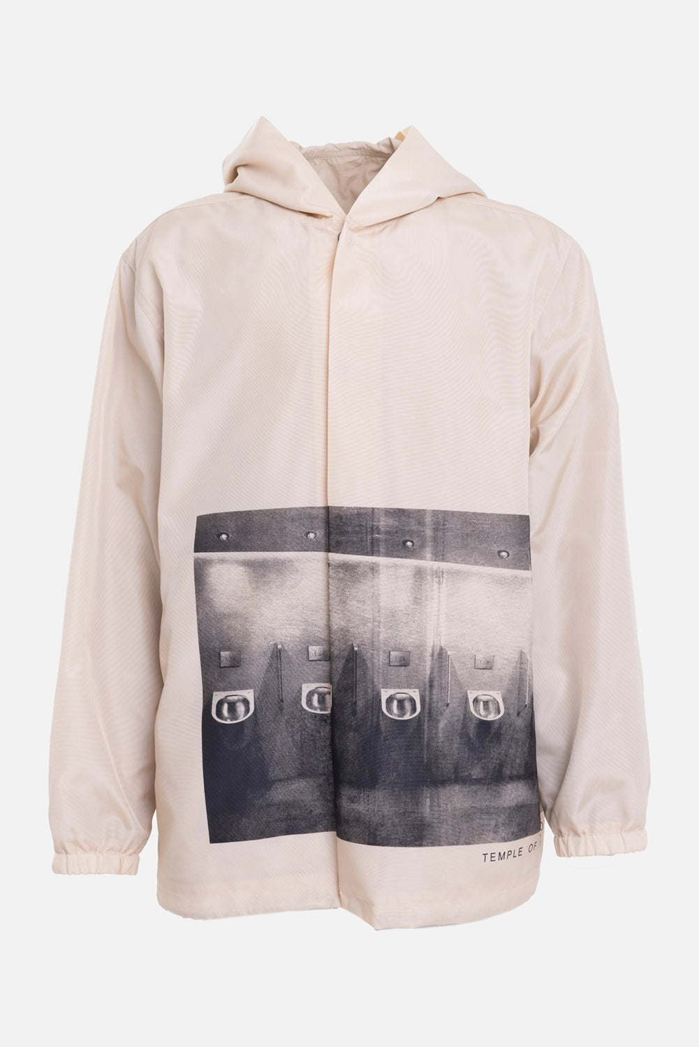 Rick Owens men's Temple Tour Jacket in Sand/Black, front view with urinal print, hood and elastic cuffs