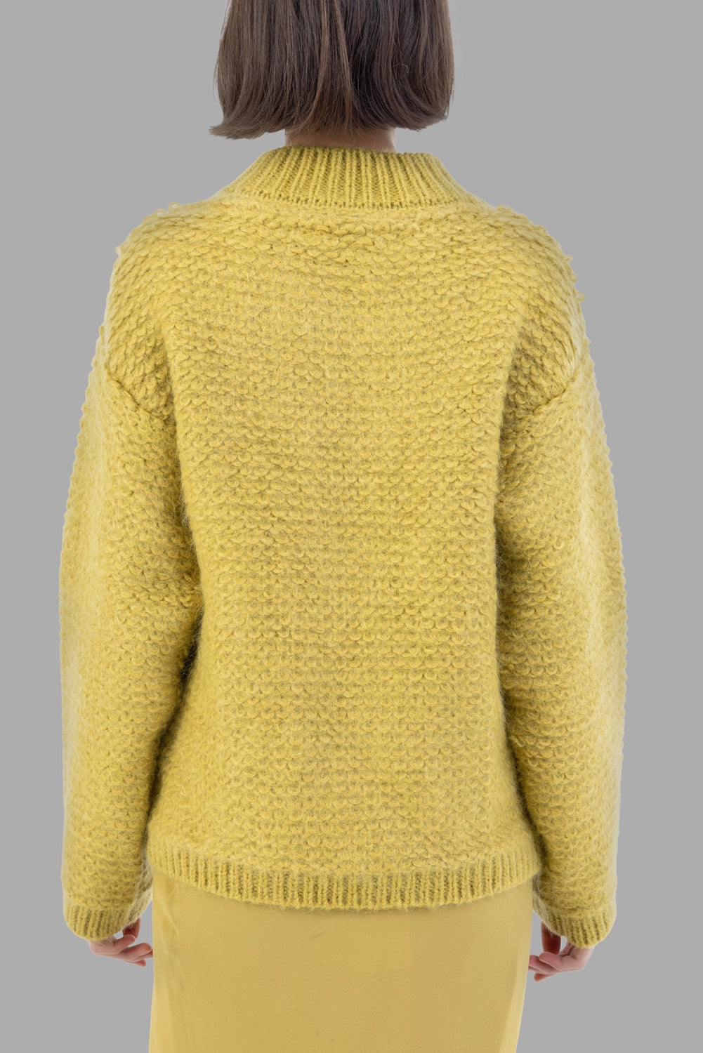 Gentry Portofino women textured knit sweater in Oliva, back view, nubby texture, ribbed cuffs and hem