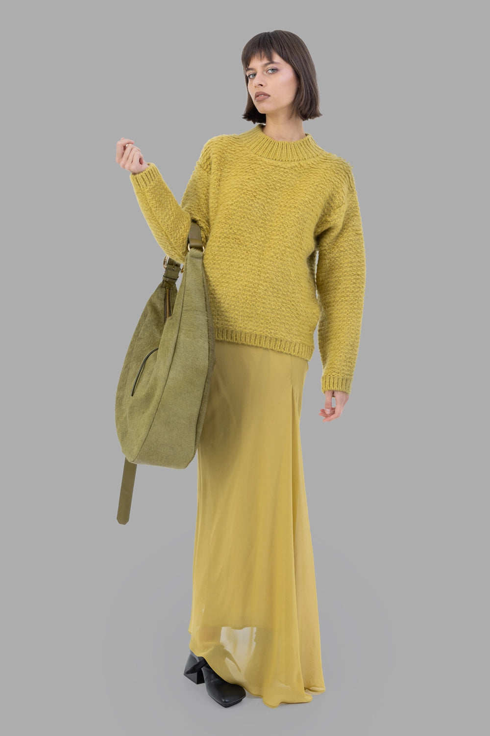 Gentry Portofino women textured knit sweater in Oliva, on-model full length, ribbed crew neck, relaxed fit