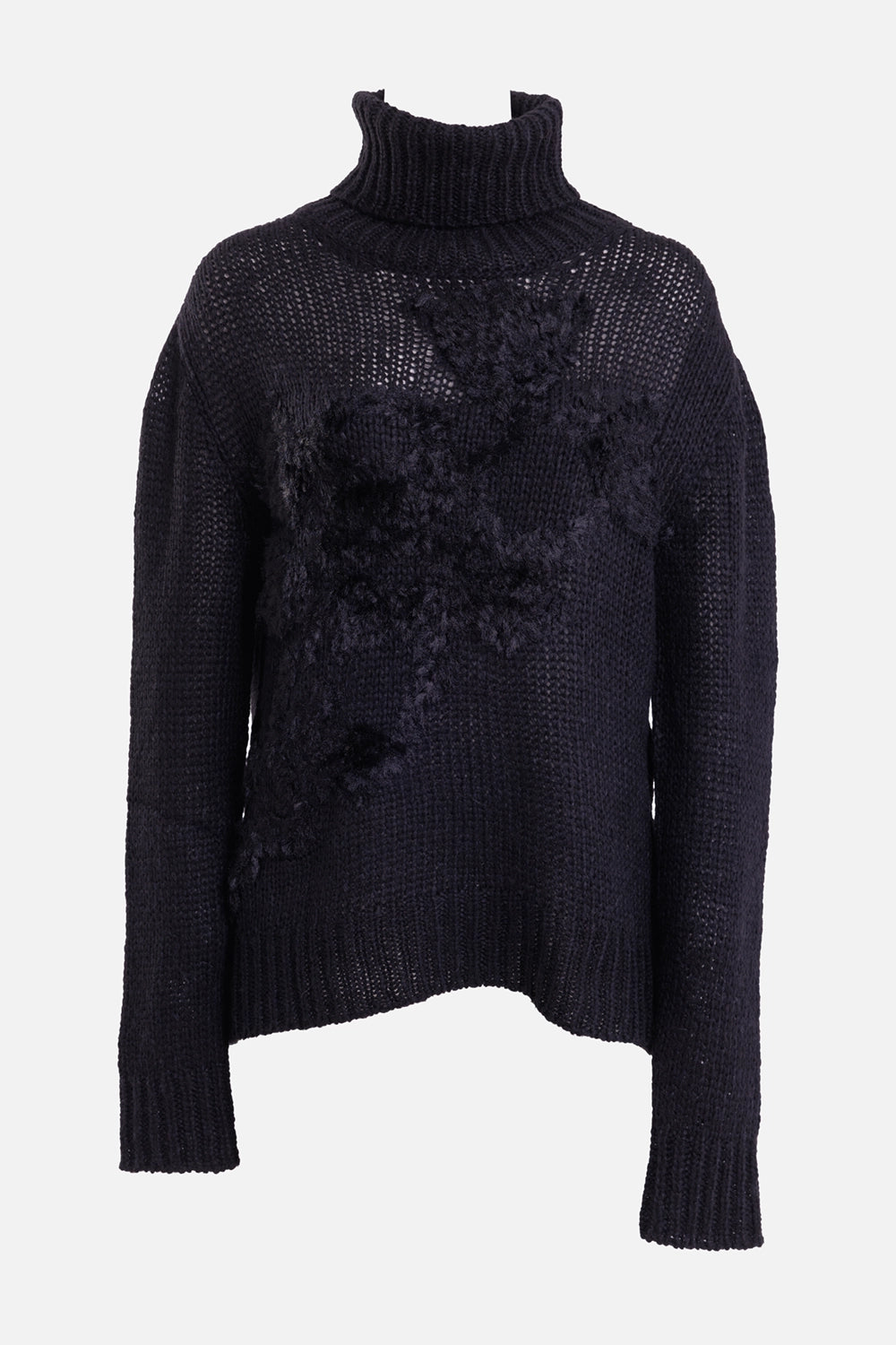 Ann Demeulemeester women's black turtleneck sweater, front view with ribbed roll neck and floral texture