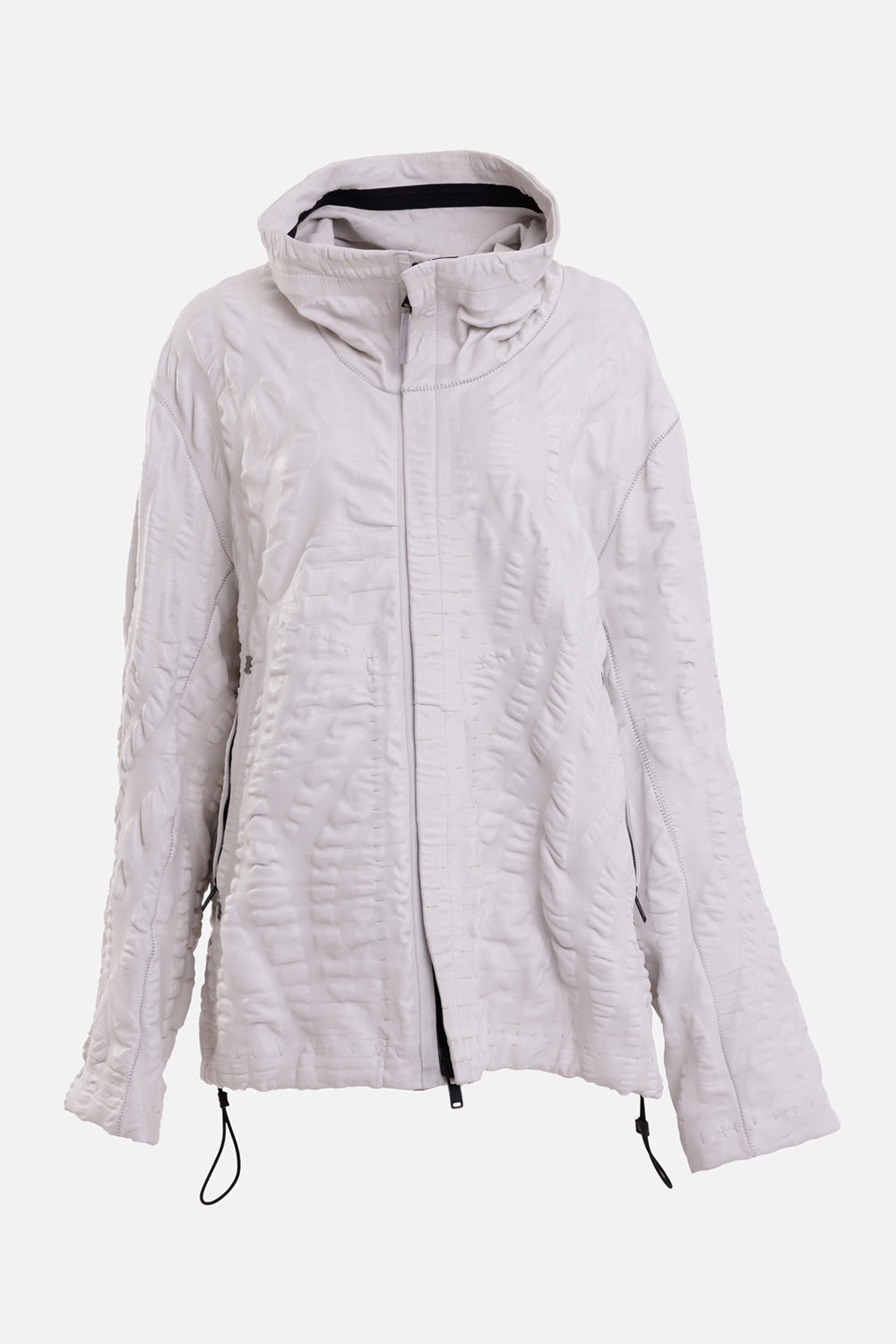Isaac Sellam Experience women's white jacket, front view with raised wave texture, zip pockets and high collar