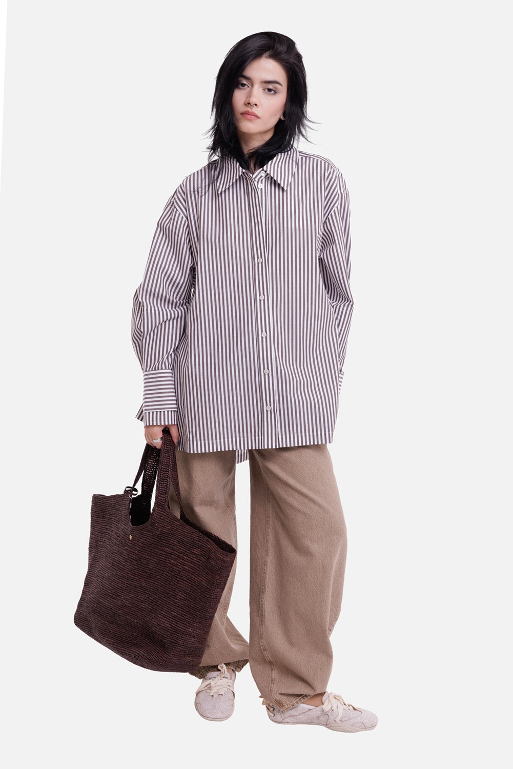 Joseph women's Theia striped shirt in Patina/Wax, full-length model view with oversized fit and long double cuffs