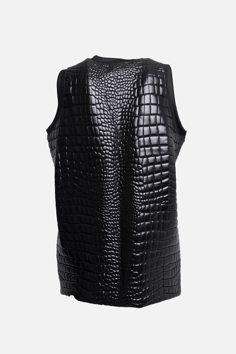 Pre-owned Junya Watanabe women's top in black, back view, croc-embossed faux leather with raised center panel detail