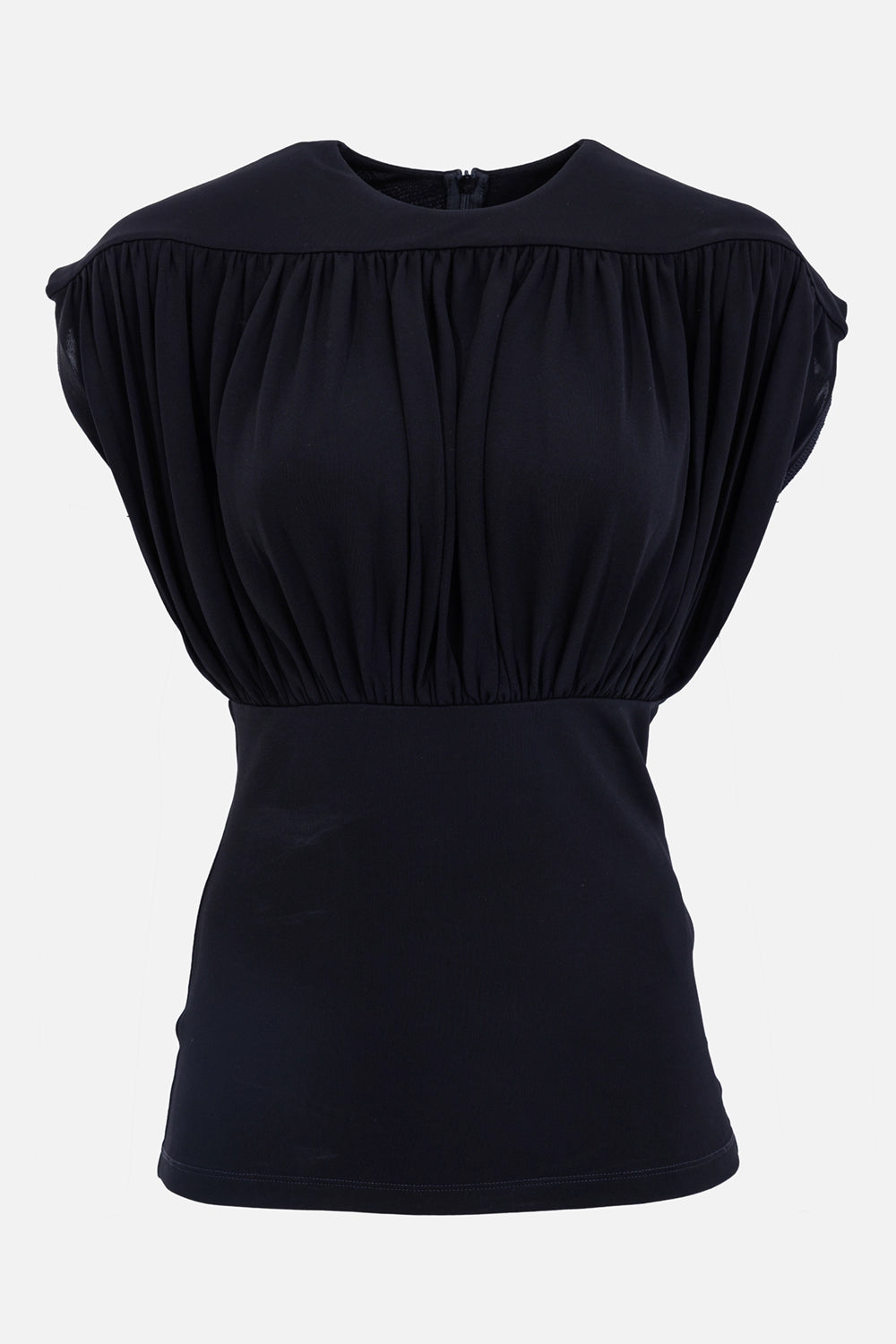 Anine Bing women's black Fran top, front view with high round neck, gathered bodice and fitted lower panel