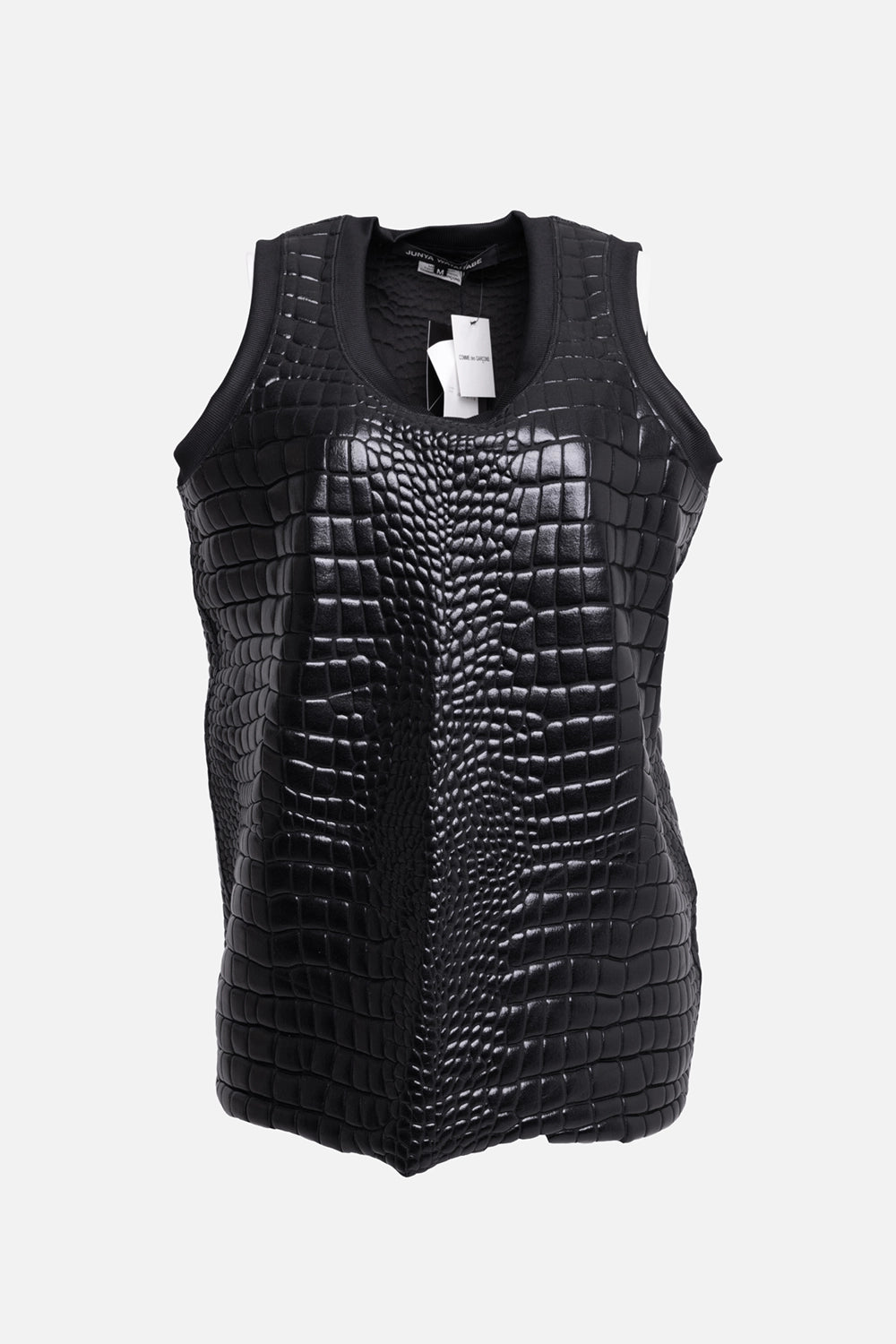 Pre-owned Junya Watanabe women's top in black, front view, croc-embossed faux leather texture with ribbed neckline trim