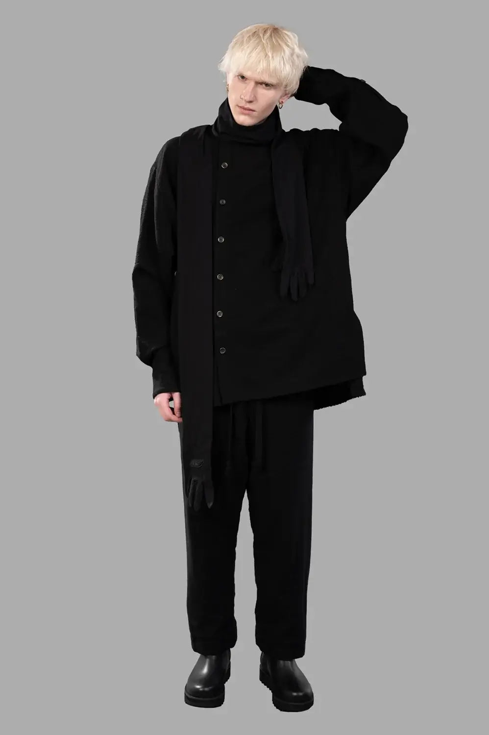 UMA WANG top in black, on-model full length with off-center button placket and relaxed fit