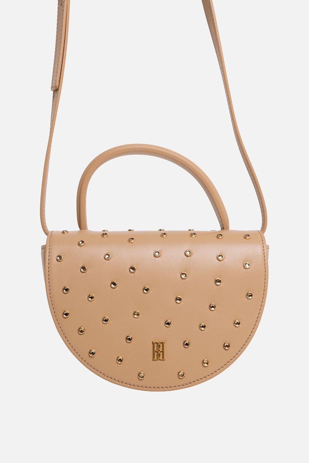 By Malene Birger women's top-handle bag in dark sand, front view, gold-tone studs and monogram plaque