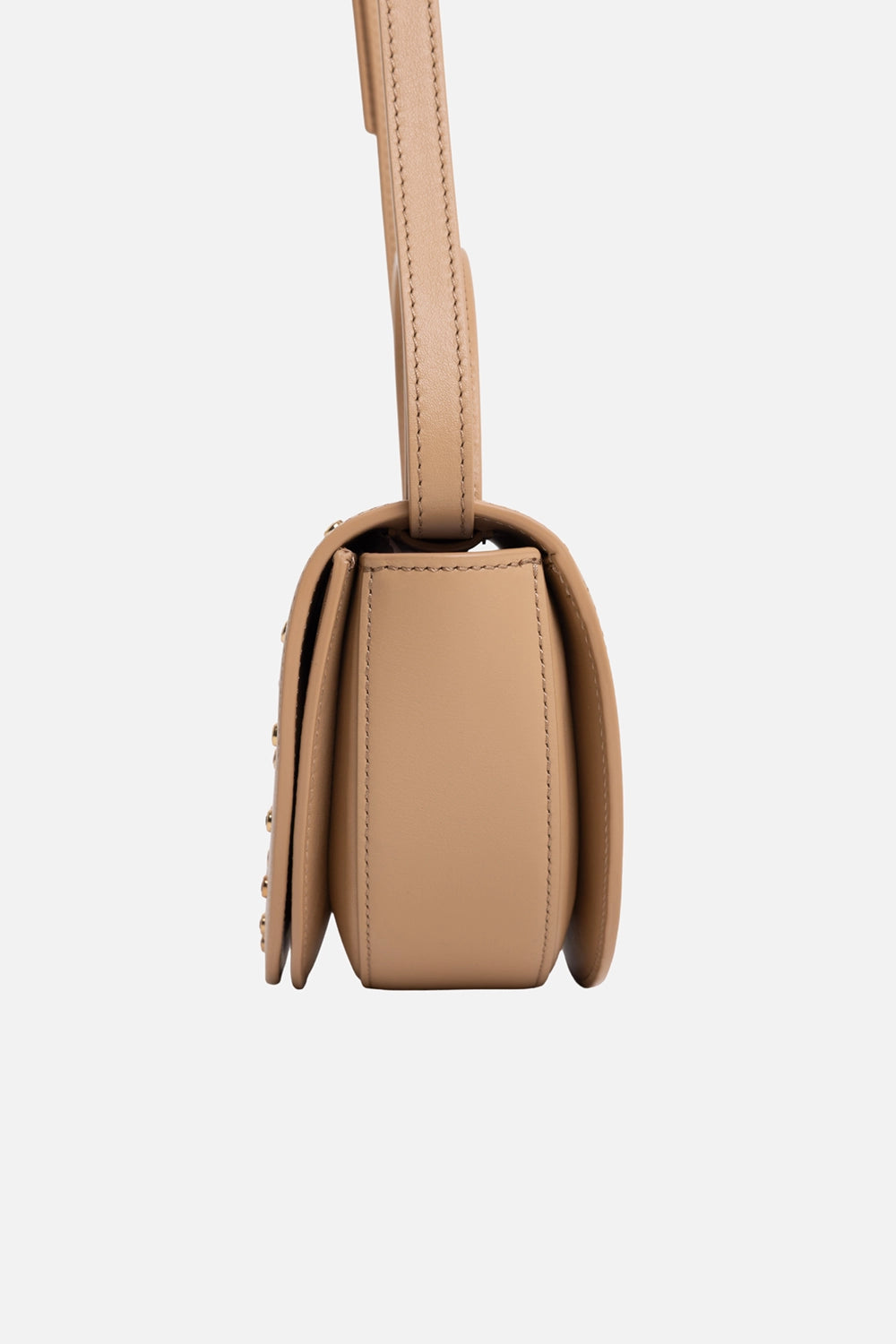 By Malene Birger women's top-handle bag in dark sand, side view, slim gusset and adjustable strap