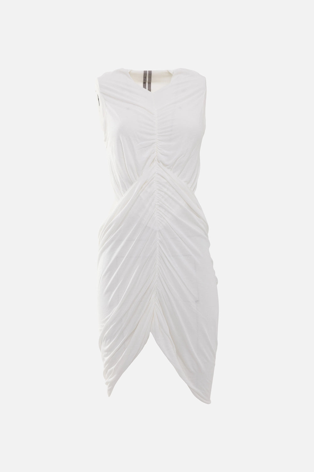 Rick Owens women's draped sleeveless top in milk, front view, centre ruching with pointed asymmetric hem