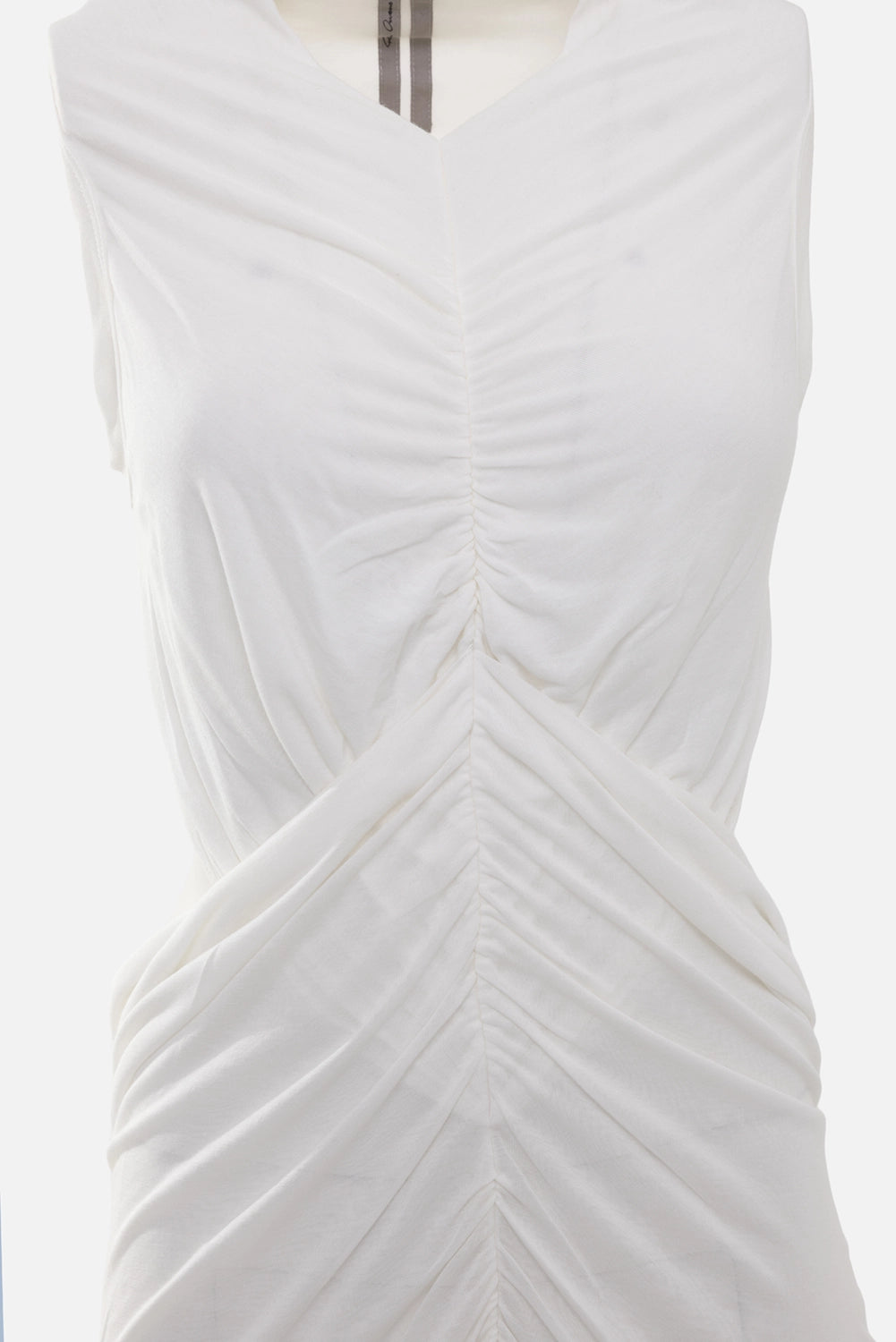 Rick Owens women's draped sleeveless top in milk, ruched detail close-up, gathered centre seam and layered drape