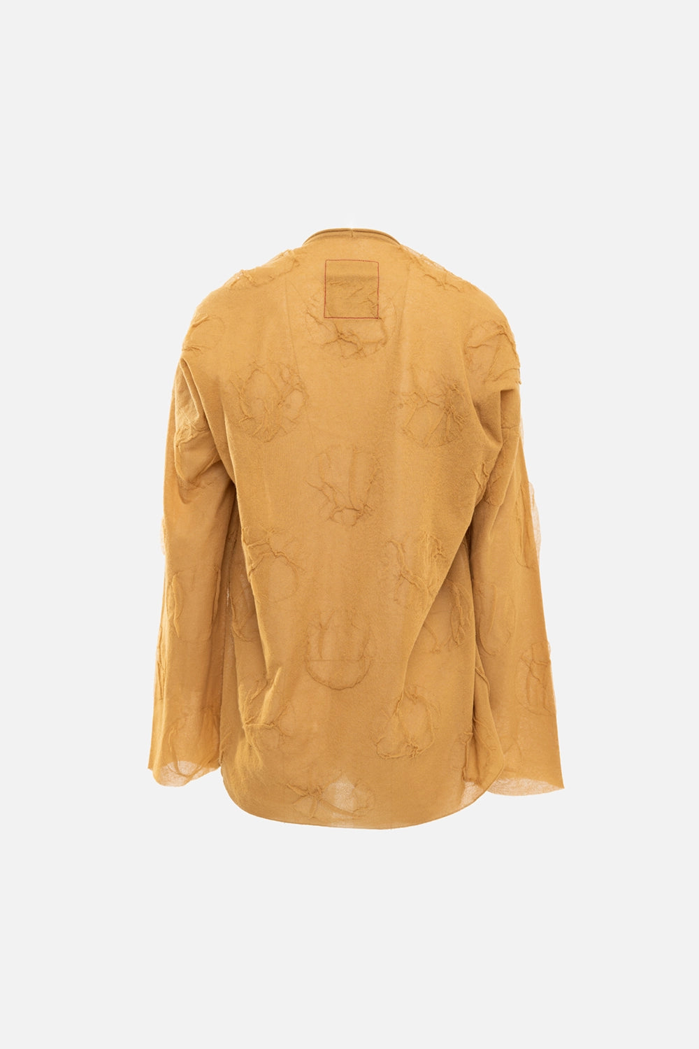 Uma Wang women's long sleeve top in mustard, back view, red stitched square patch at neckline