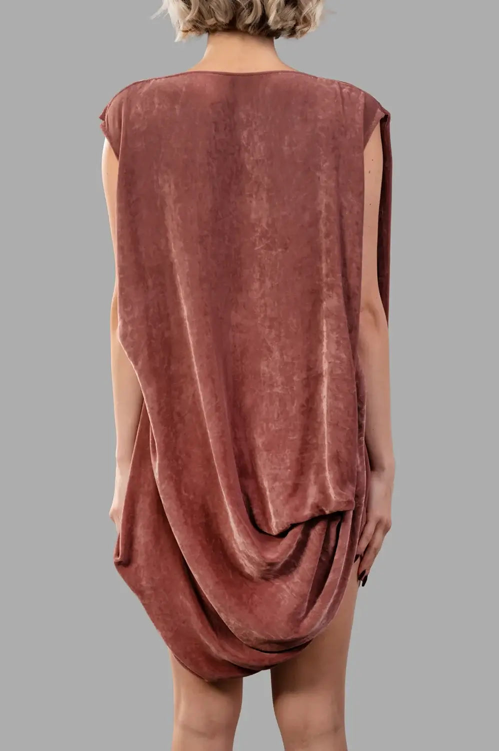 Rick Owens top in rosewood, back view, cascading draped panel with a smooth upper back