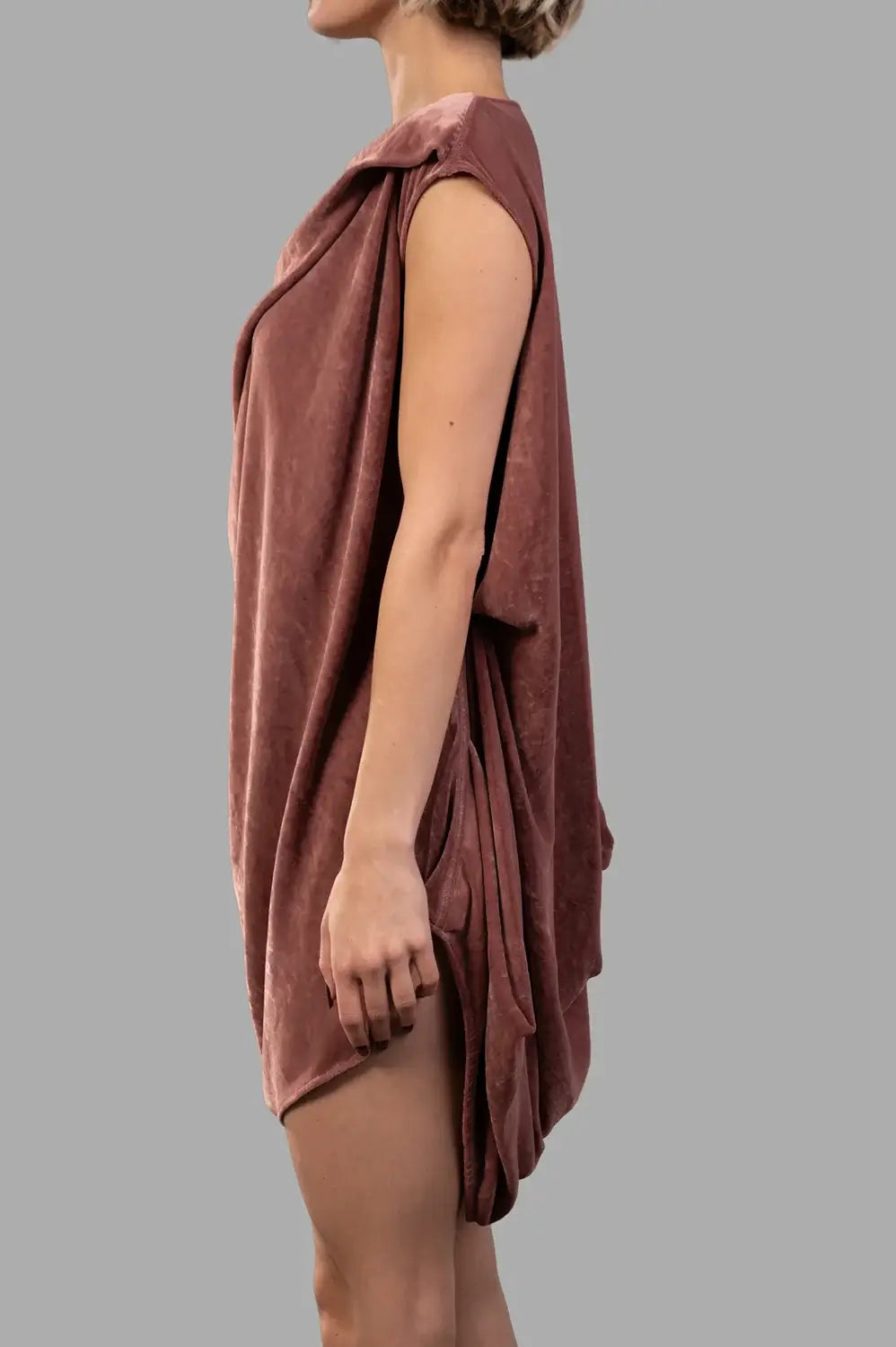 Rick Owens top in rosewood, front view, cowl neckline and soft draping across the body