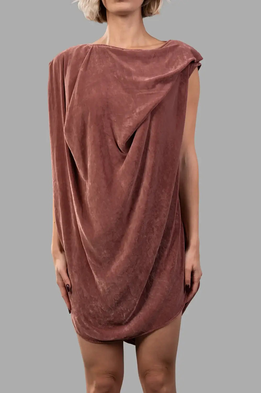 Rick Owens top in rosewood, side view, exaggerated drape falling from the armhole