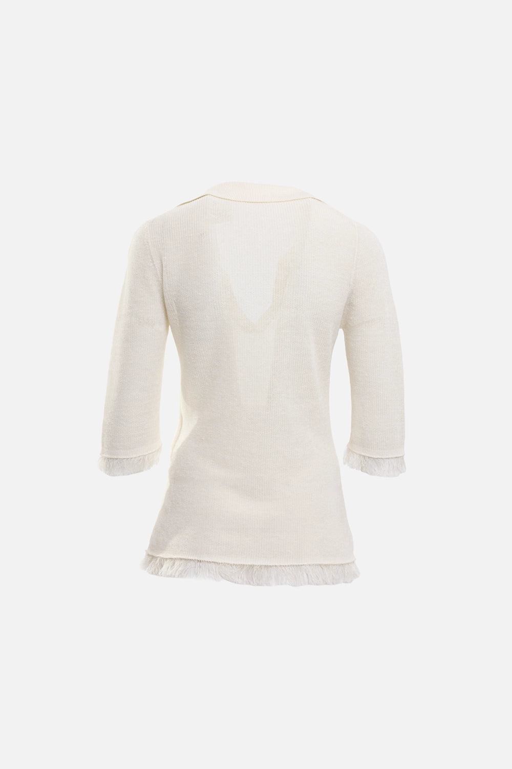 By Malene Birger women’s knit top in soft white, back view, semi-sheer knit with fringed sleeve hems