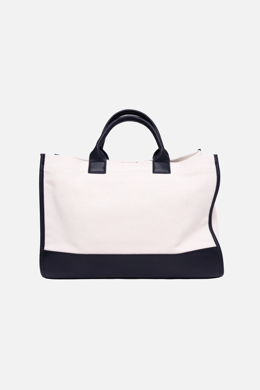 ANINE BING women's tote bag in Natural Canvas with Black, back view, contrast black base trim and rolled handles