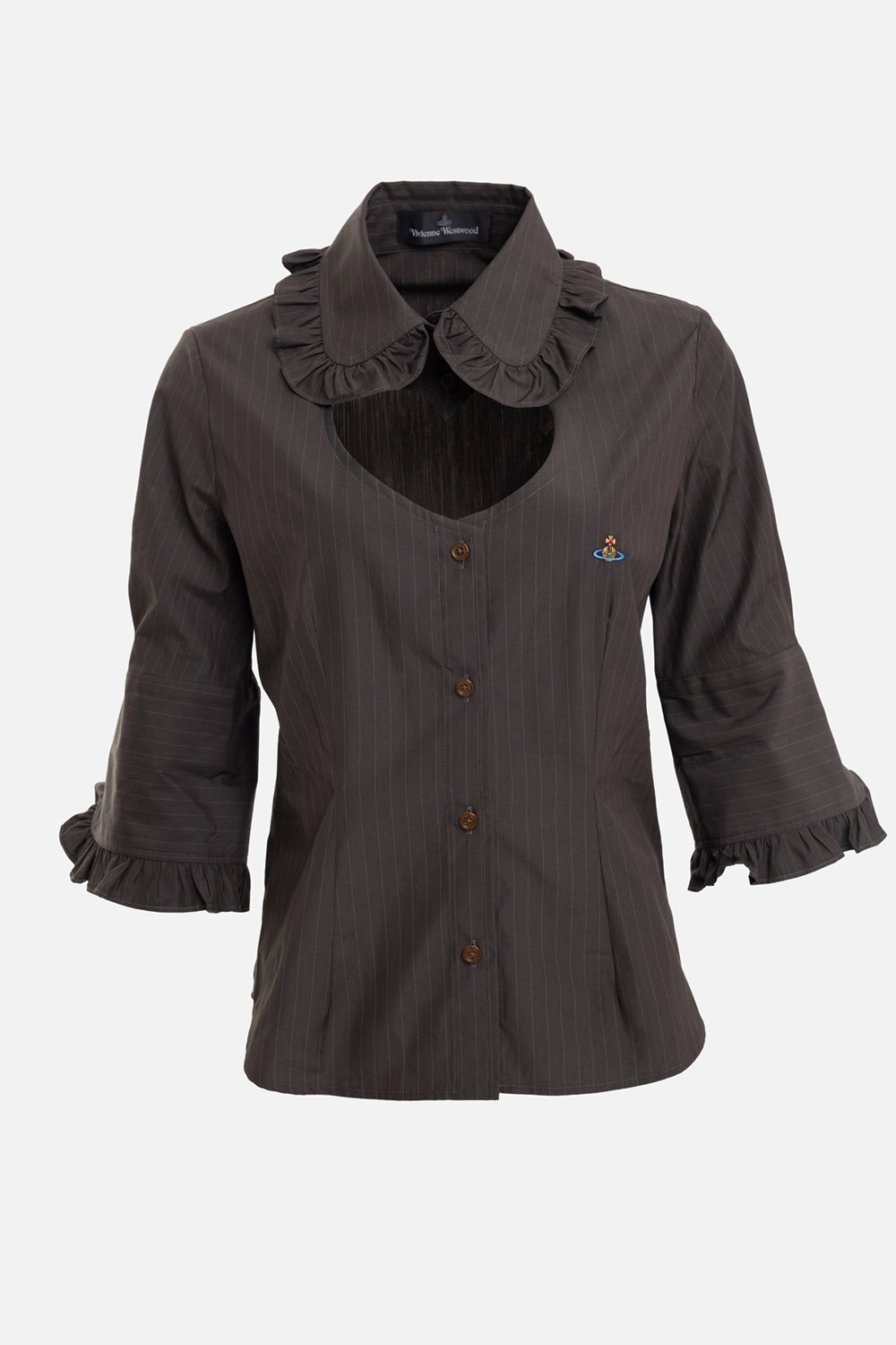 Vivienne Westwood women's Toulouse Frill shirt in Dark Khaki, front view, heart cut-out and ruffled collar