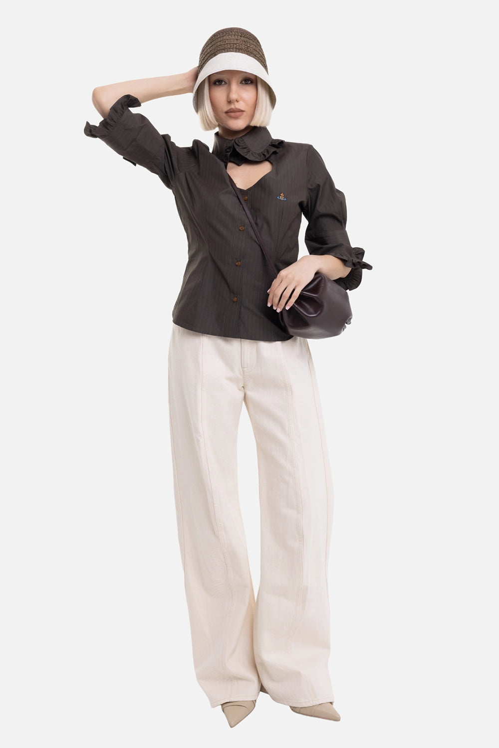Vivienne Westwood women's Toulouse Frill shirt in Dark Khaki, on-model full-length view, cropped fit and Orb