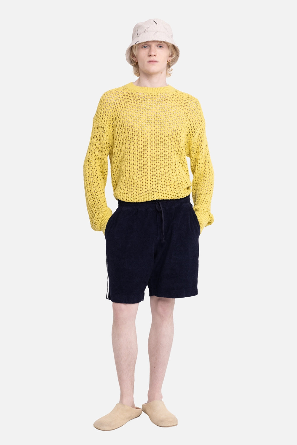 Orlebar Brown men's shorts in Night Iris/White Sand, on-model full-length, drawcord waist and white side stripe