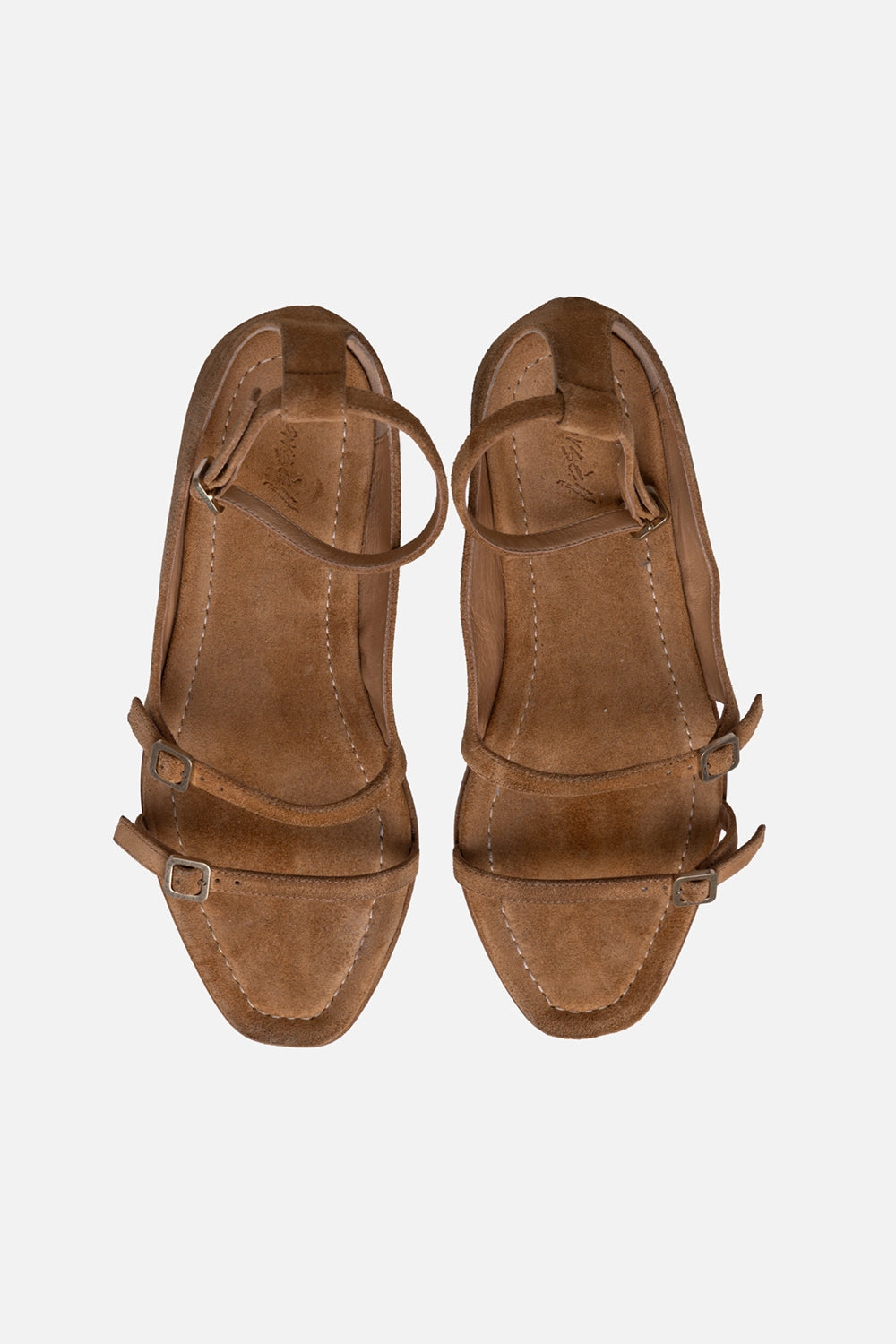 Traccia flat sandals in legno tan suede with adjustable straps, top view