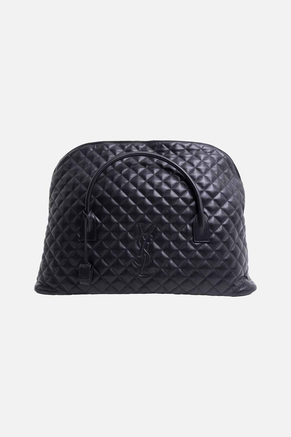 Pre-owned Saint Laurent unisex travel bag in black, front view, rolled top handles with hanging clochette