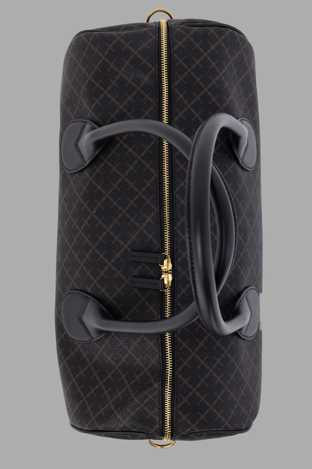 By Malene Birger women's small travel bag in dark chocolate, top view, gold zipper and rolled handles